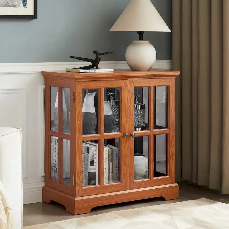 LED Glass Antique Curio Display Cabinet Showcase with Lattice Doors