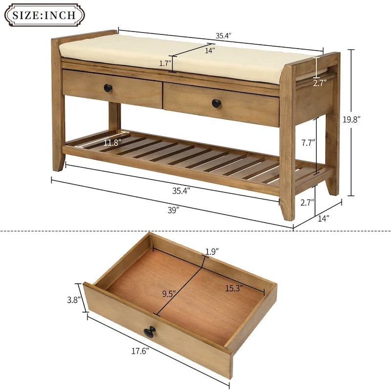 Schuhregal mit gepolsterter Sitzfläche und Schubladen