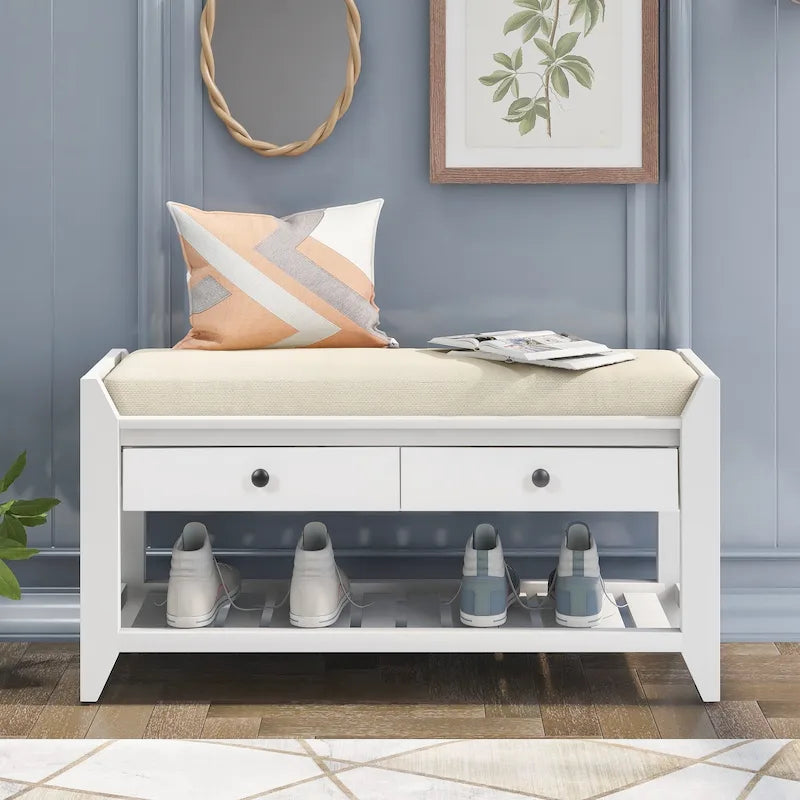 Modern Multipurpose Entryway Storage Bench With Upholstered Seat and Drawers