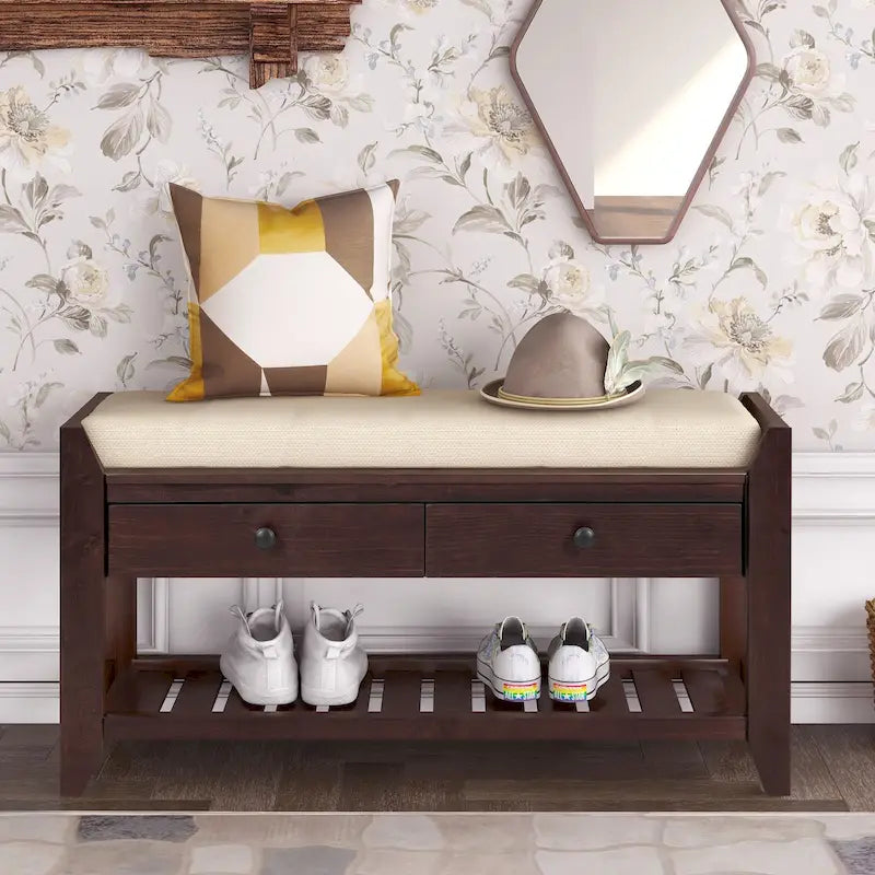 Modern Multipurpose Entryway Storage Bench With Upholstered Seat and Drawers