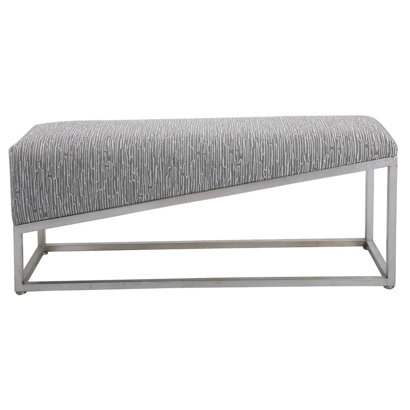 Uphill Climb Geometric Bench with Forged Iron Base, Grey & White Fabric Upholstery, 48-Inch Wide, 200 lbs Capacity