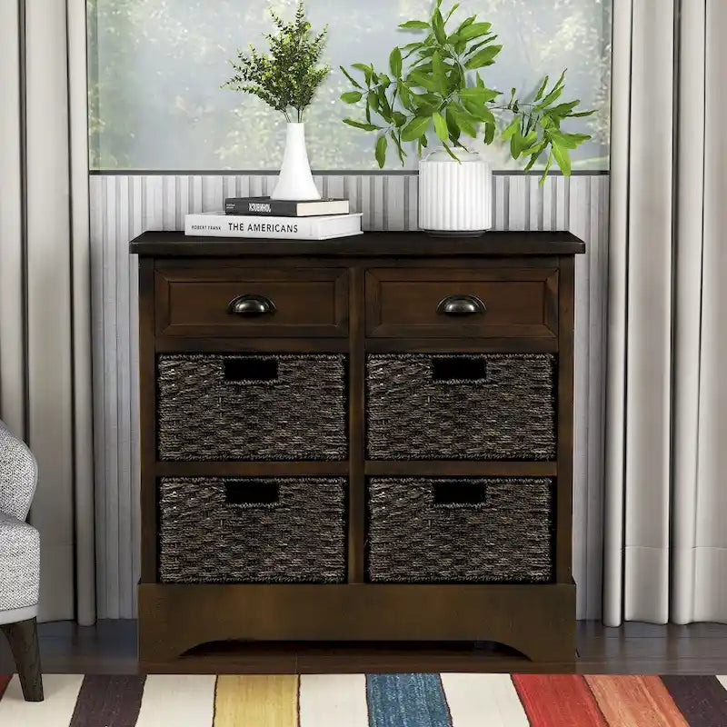 Rustic Storage Cabinet with Two Drawers and Four Classic Rattan Basket for Dining Room/Entryway/Living Room