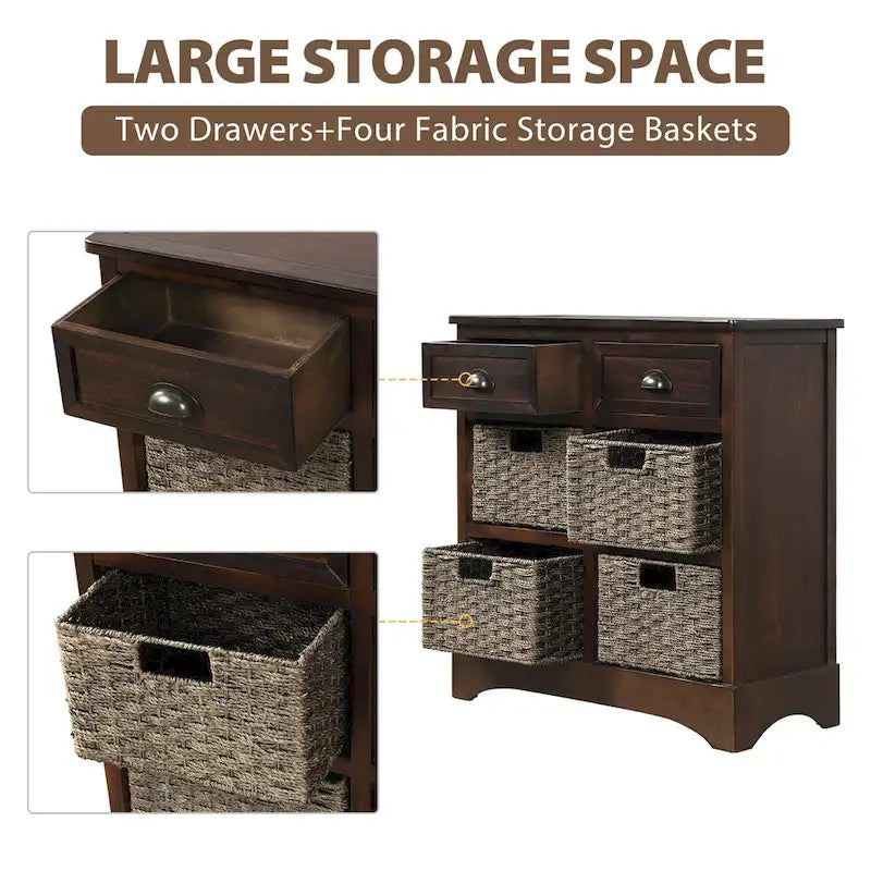 Rustic Storage Cabinet with Two Drawers and Four Classic Rattan Basket for Dining Room/Entryway/Living Room