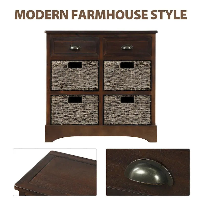 Rustic Storage Cabinet with Two Drawers and Four Classic Rattan Basket for Dining Room/Entryway/Living Room