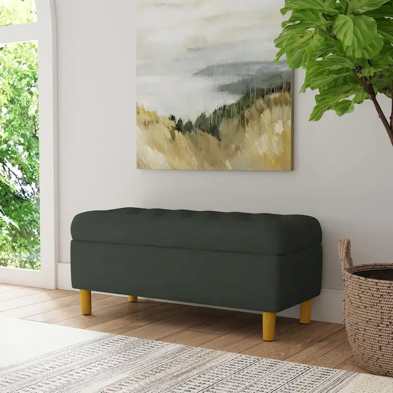 Button Tufted Top Storage Bench with Wood Legs