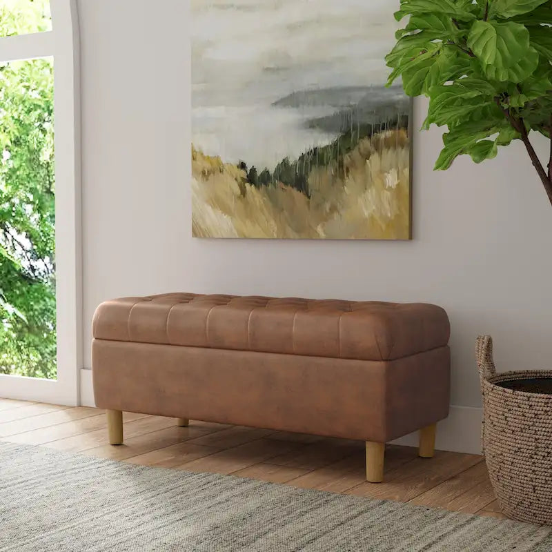 Button Tufted Top Storage Bench with Wood Legs