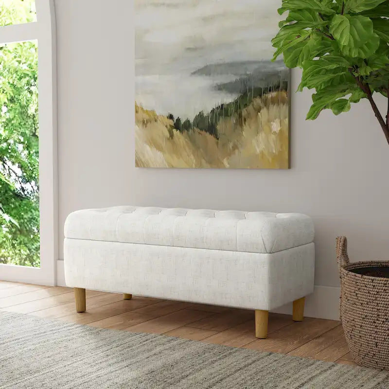 Button Tufted Top Storage Bench with Wood Legs