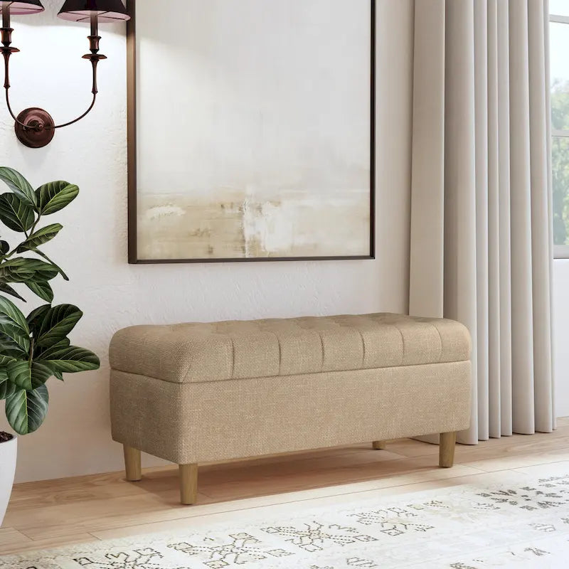 Button Tufted Top Storage Bench with Wood Legs