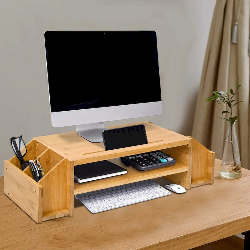 Support en bois pour écran d'ordinateur, organiseur de bureau avec tiroir