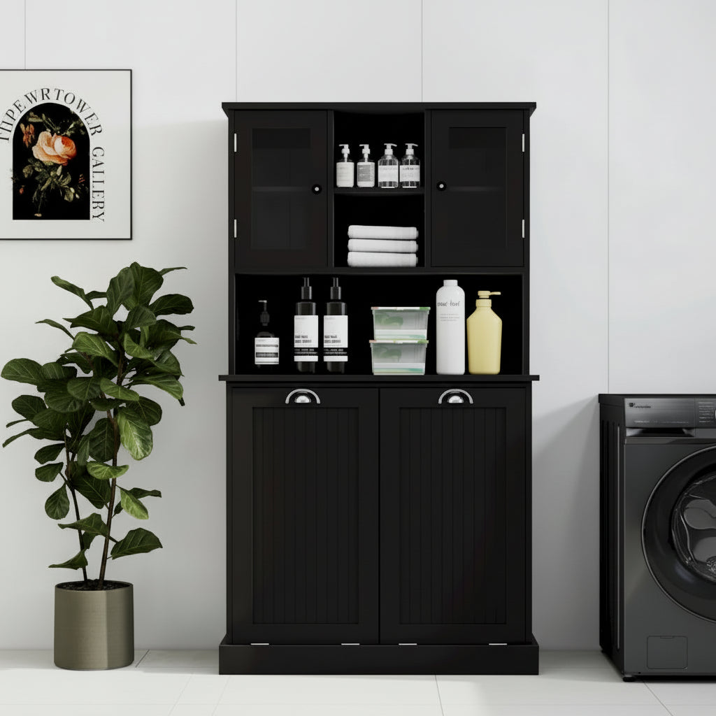 Two-Compartment Tilt-Out Dirty Laundry Basket Tall Bathroom Cabinet