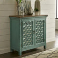 Turquoise W/ Worn Wood Tone Top 2 Door Accent Cabinet