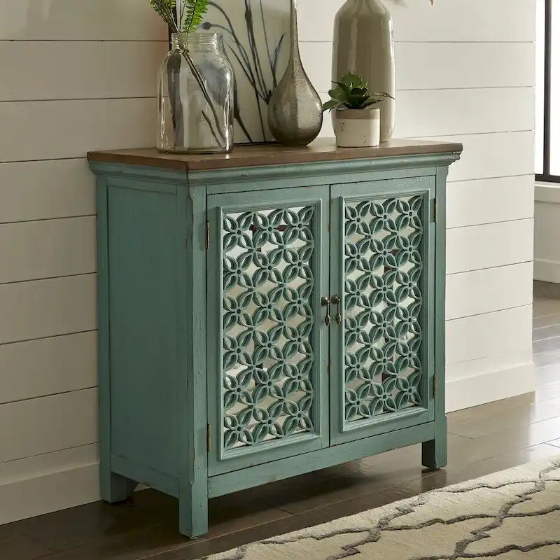 Turquoise W/ Worn Wood Tone Top 2 Door Accent Cabinet