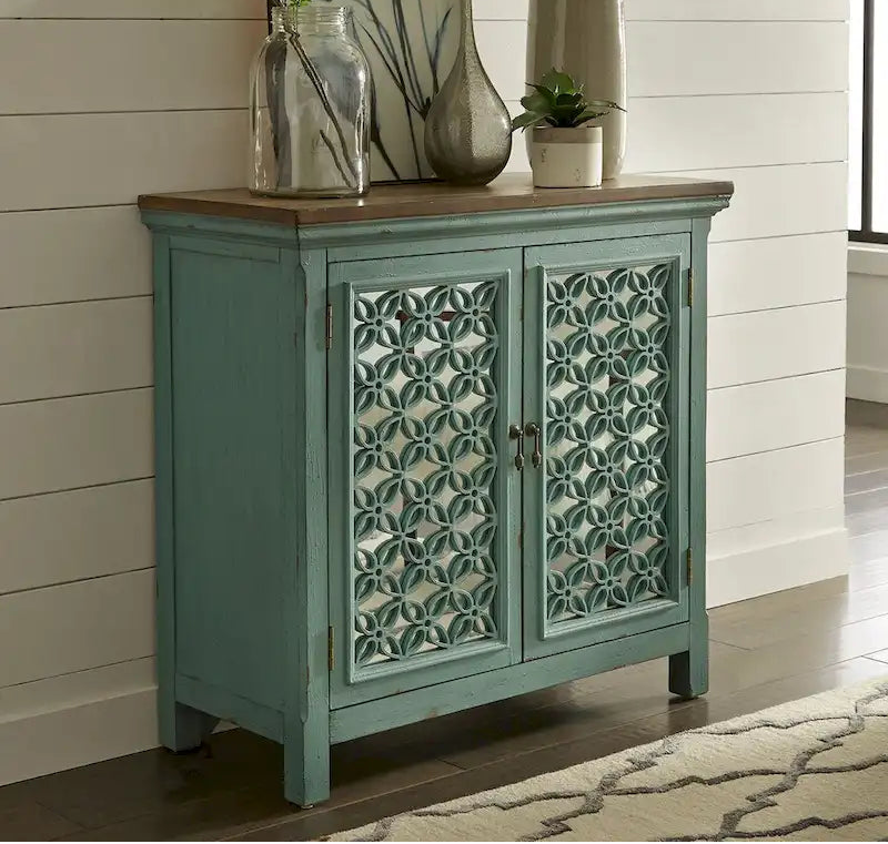 Kensington Turquoise W/ Worn Wood Tone Top 2 Door Accent Cabinet