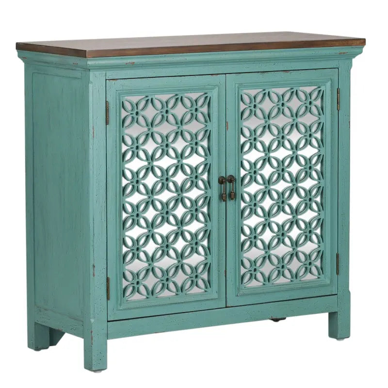 Turquoise W/ Worn Wood Tone Top 2 Door Accent Cabinet