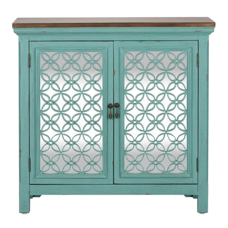 Turquoise W/ Worn Wood Tone Top 2 Door Accent Cabinet