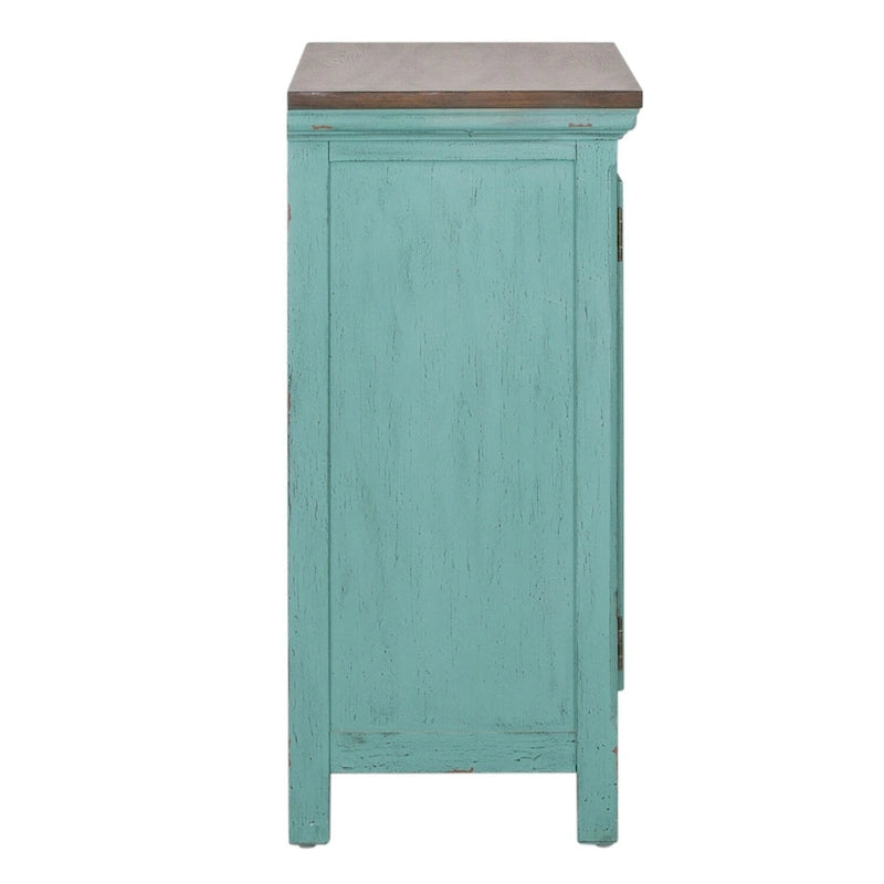 Turquoise W/ Worn Wood Tone Top 2 Door Accent Cabinet