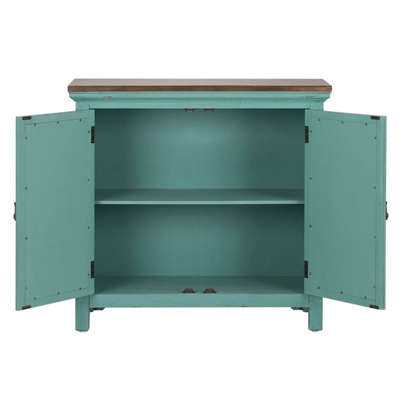 Turquoise W/ Worn Wood Tone Top 2 Door Accent Cabinet