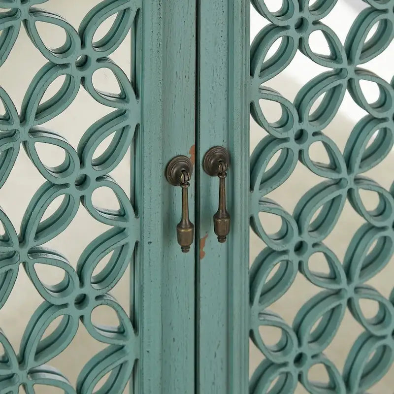Turquoise W/ Worn Wood Tone Top 2 Door Accent Cabinet