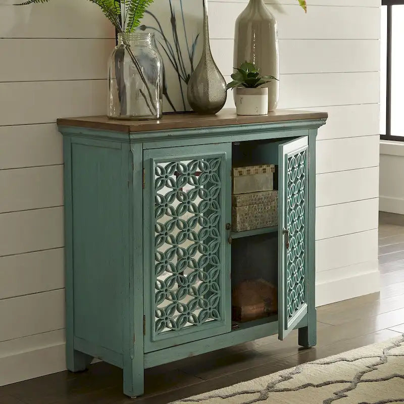 Turquoise W/ Worn Wood Tone Top 2 Door Accent Cabinet