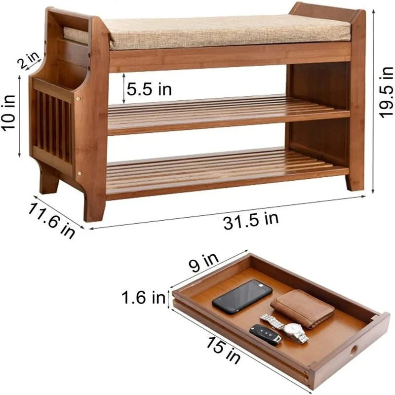 2-Tier Shoe Bench with Storage Shelf and Cushioned Seat