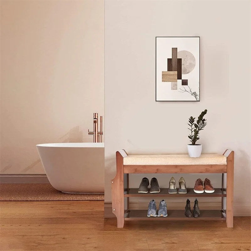 2-Tier Shoe Bench with Storage Shelf and Cushioned Seat