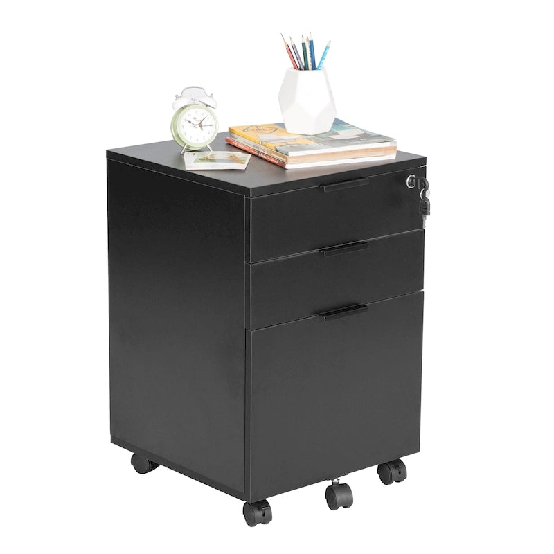 3 Drawer Rolling File Cabinet Wooden Storage with Lock & Wheels