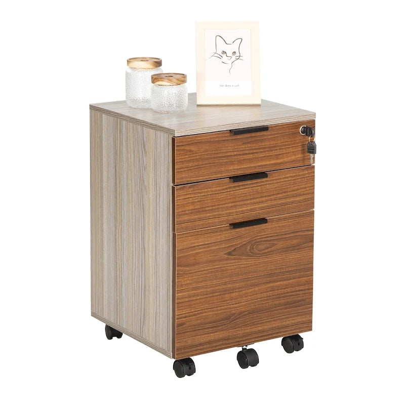 3 Drawer Rolling File Cabinet Wooden Storage with Lock & Wheels