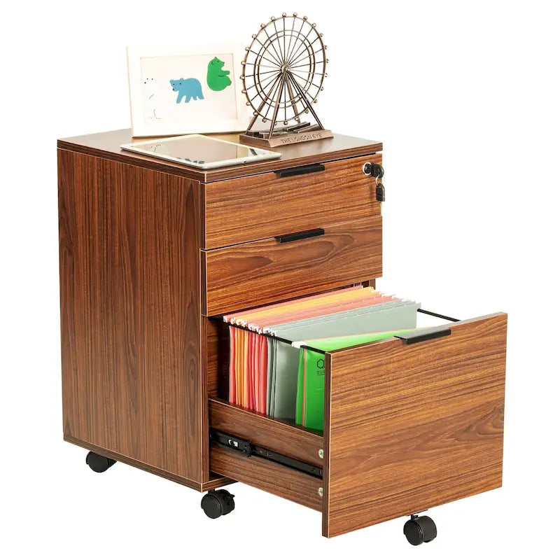 3 Drawer Rolling File Cabinet Wooden Storage with Lock & Wheels