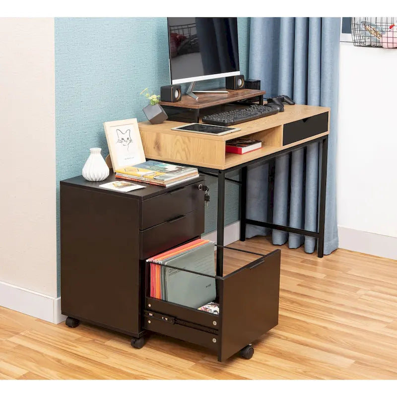 3 Drawer Rolling File Cabinet Wooden Storage with Lock & Wheels