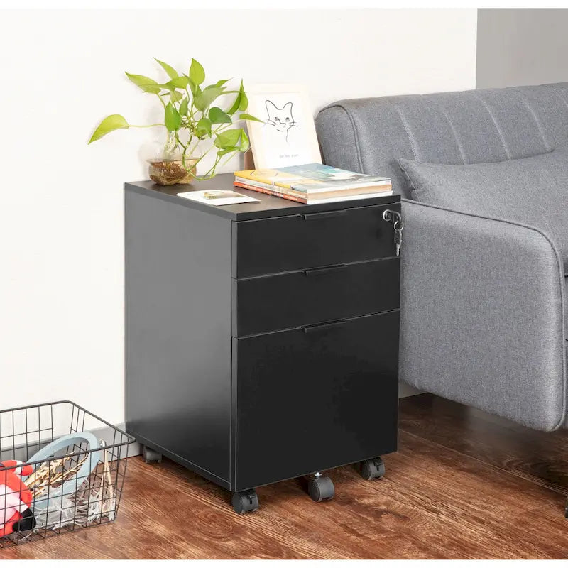 3 Drawer Rolling File Cabinet Wooden Storage with Lock & Wheels