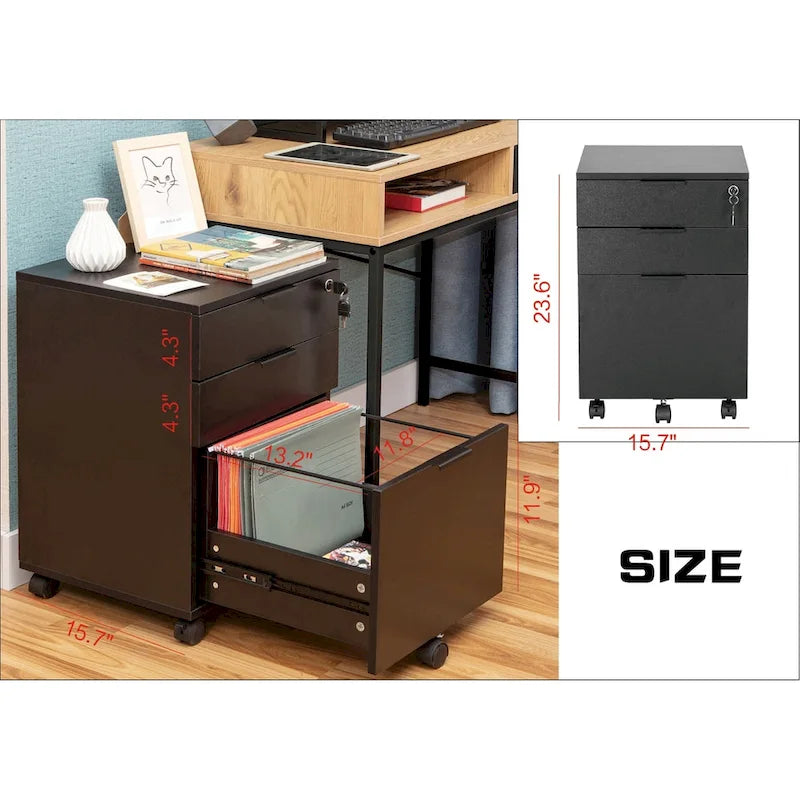 3 Drawer Rolling File Cabinet Wooden Storage with Lock & Wheels
