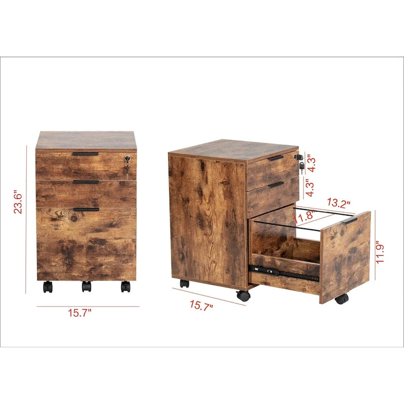 3 Drawer Rolling File Cabinet Wooden Storage with Lock & Wheels