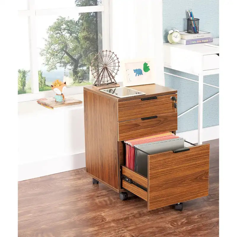 3 Drawer Rolling File Cabinet Wooden Storage with Lock & Wheels