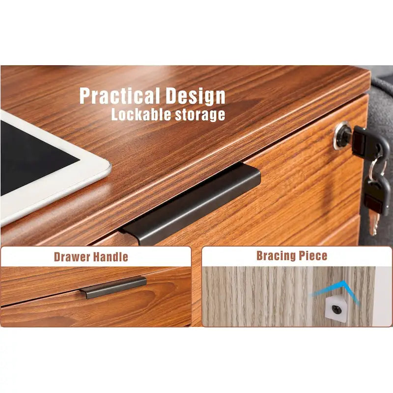 3 Drawer Rolling File Cabinet Wooden Storage with Lock & Wheels