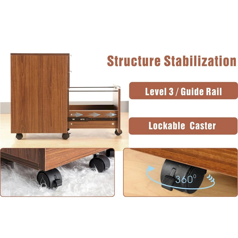 3 Drawer Rolling File Cabinet Wooden Storage with Lock & Wheels