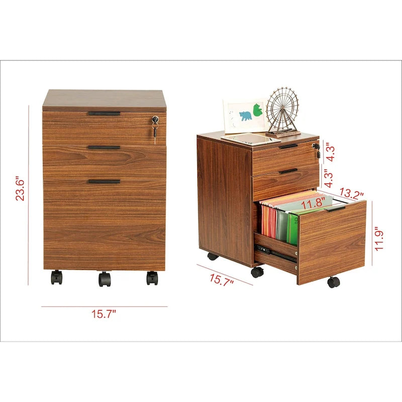 3 Drawer Rolling File Cabinet Wooden Storage with Lock & Wheels