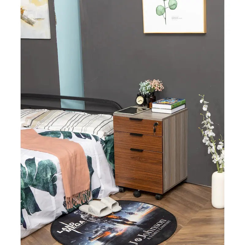 3 Drawer Rolling File Cabinet Wooden Storage with Lock & Wheels