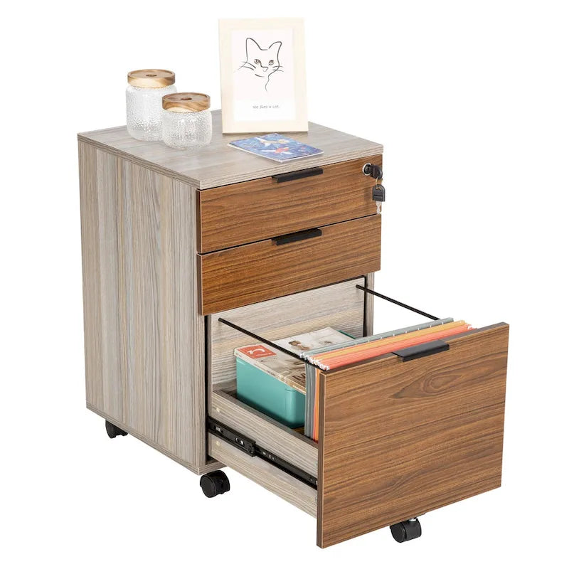 3 Drawer Rolling File Cabinet Wooden Storage with Lock & Wheels