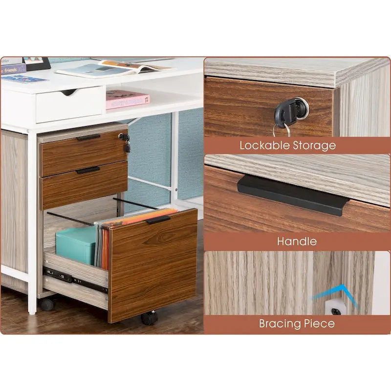 3 Drawer Rolling File Cabinet Wooden Storage with Lock & Wheels