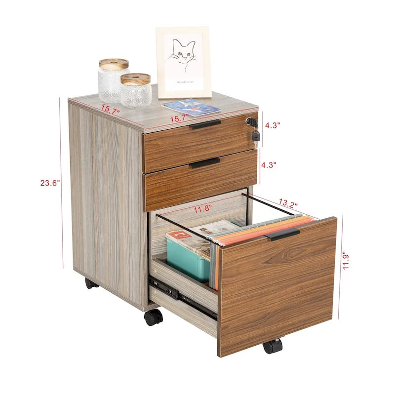 3 Drawer Rolling File Cabinet Wooden Storage with Lock & Wheels