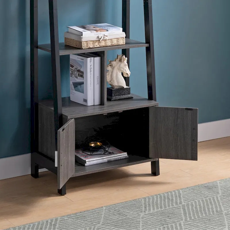Modern Bookcase with Four Open Shelves and Two Door Cabinet - Black & Grey