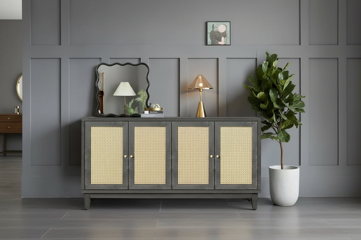 Wood Sideboard Cabinet with 4 Rattan Doors and Adjustable Shelves