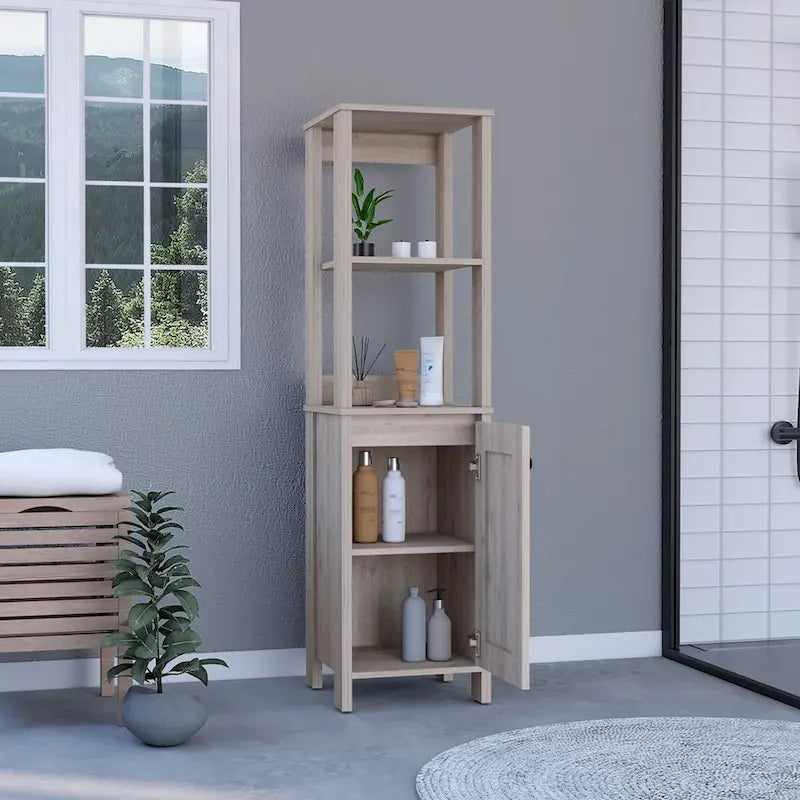 New Haven Linen Single Door Cabinet, Two Interior Shelves, Two Open Shelves, Light Oak / White