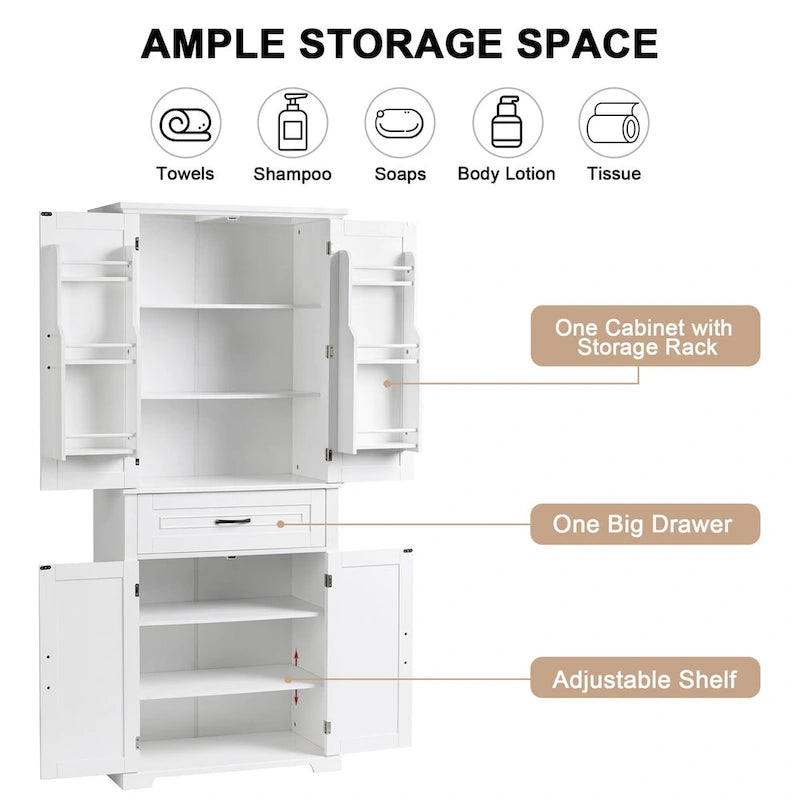 30 in. W x 16 in. D x 72 in. H Bathroom Cabinet with Doors, Drawer and Adjustable Shelves
