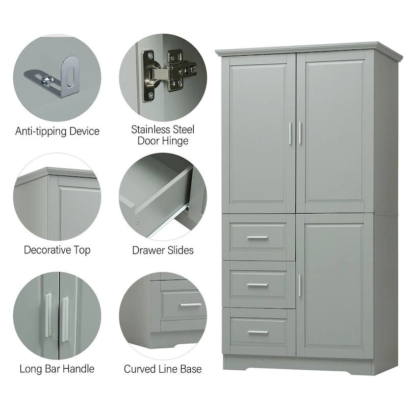 Tall and Wide Storage Cabinet with Doors for Bathroom/Office, Three Drawers, Grey