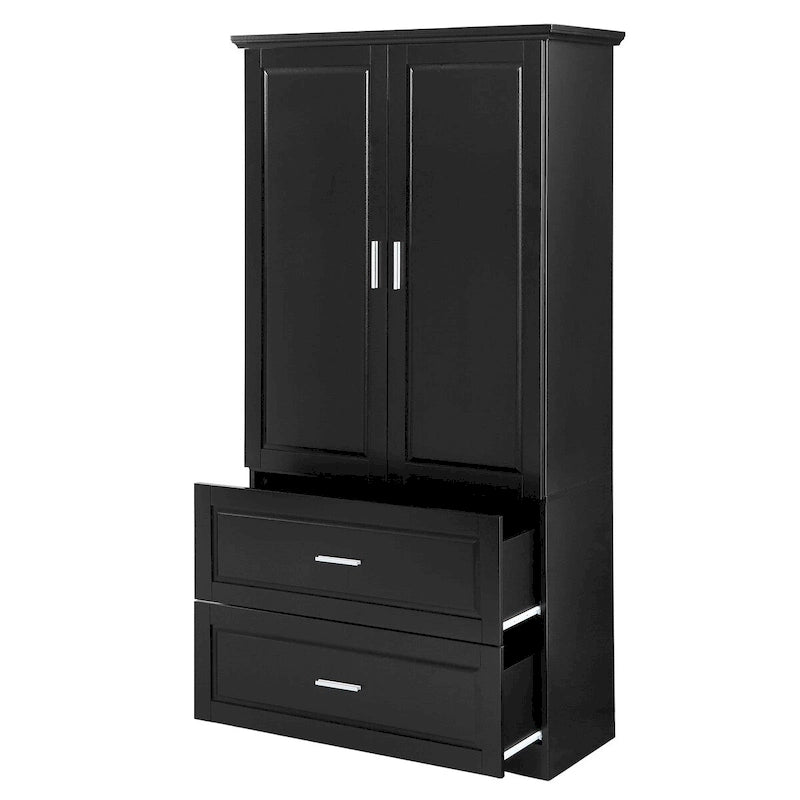 Tall Bathroom Storage Cabinet with 3 Open Shelves and 2 Drawers, Adjustable Shelf, Anti-Tip, Waterproof MDF, White