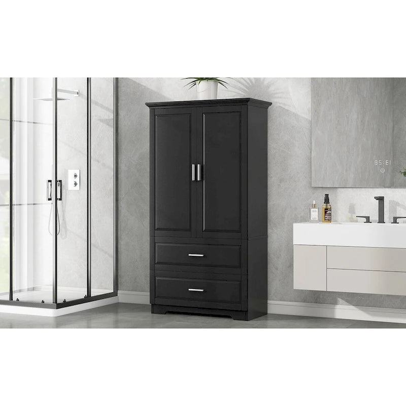 Tall Bathroom Storage Cabinet with 3 Open Shelves and 2 Drawers, Adjustable Shelf, Anti-Tip, Waterproof MDF, White