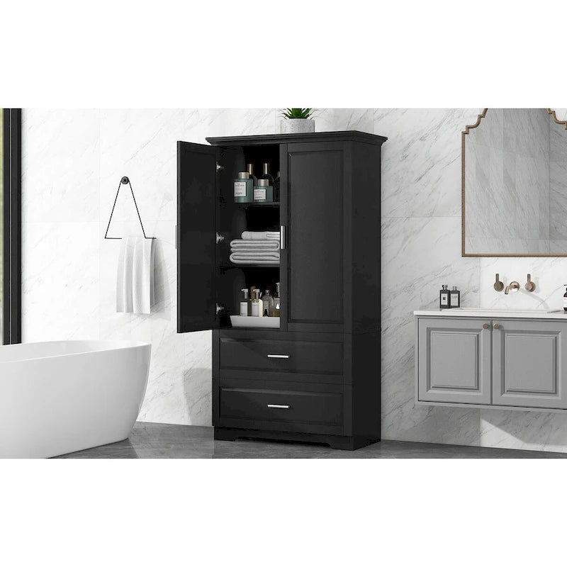 Tall Bathroom Storage Cabinet with 3 Open Shelves and 2 Drawers, Adjustable Shelf, Anti-Tip, Waterproof MDF, White