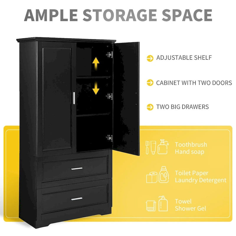 Tall Bathroom Storage Cabinet with 3 Open Shelves and 2 Drawers, Adjustable Shelf, Anti-Tip, Waterproof MDF, White