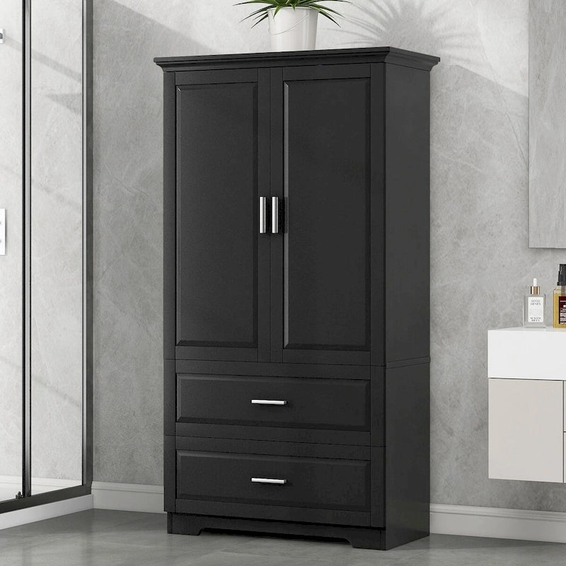 Tall Bathroom Storage Cabinet with 3 Open Shelves and 2 Drawers, Adjustable Shelf, Anti-Tip, Waterproof MDF, White